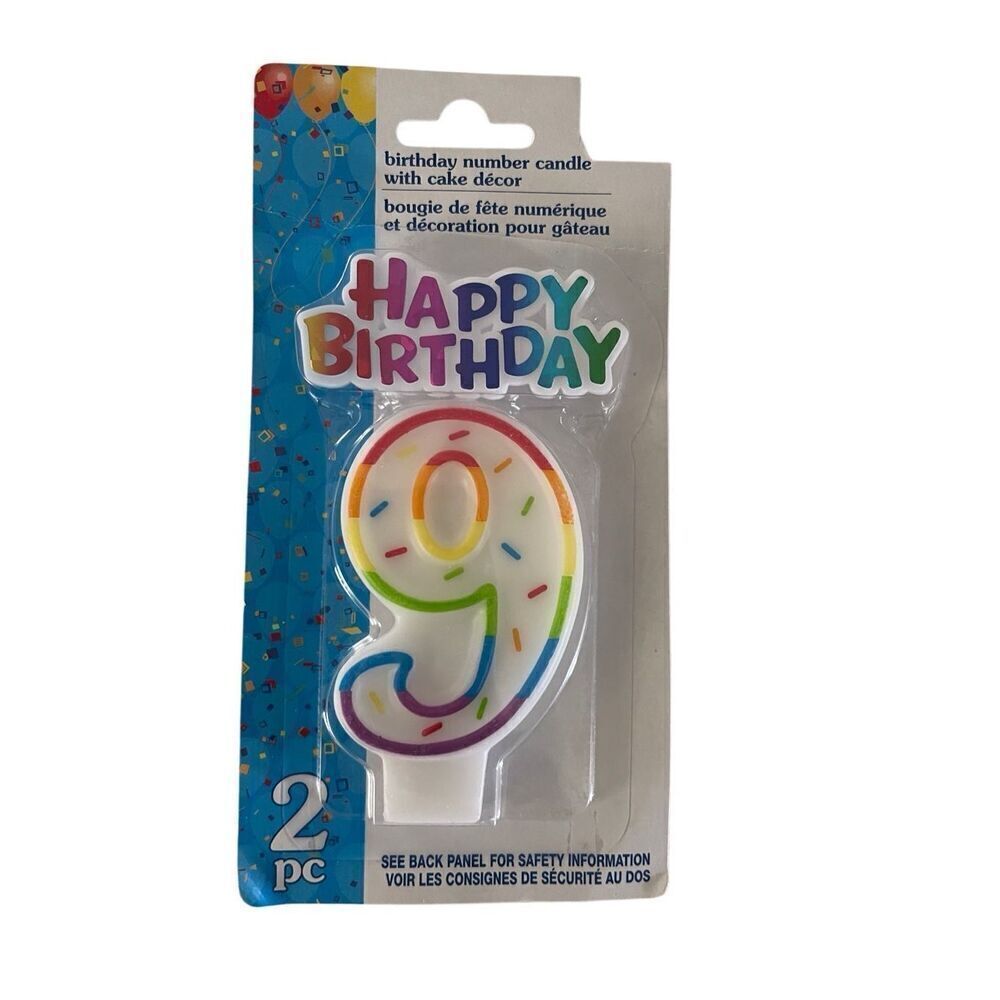 Number 9 Birthday Candle & Cake Topper Set, 2pc, Rainbow Sprinkles, Unisex